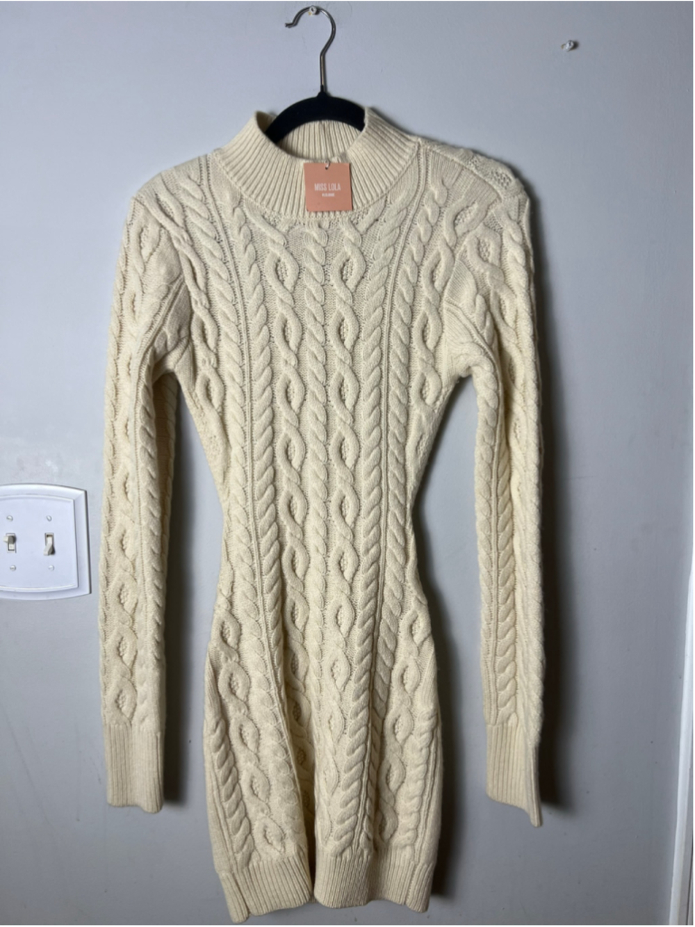 Women's Miss Lola Cable Knit Turtleneck Sweater Dress Beige Size S Backless